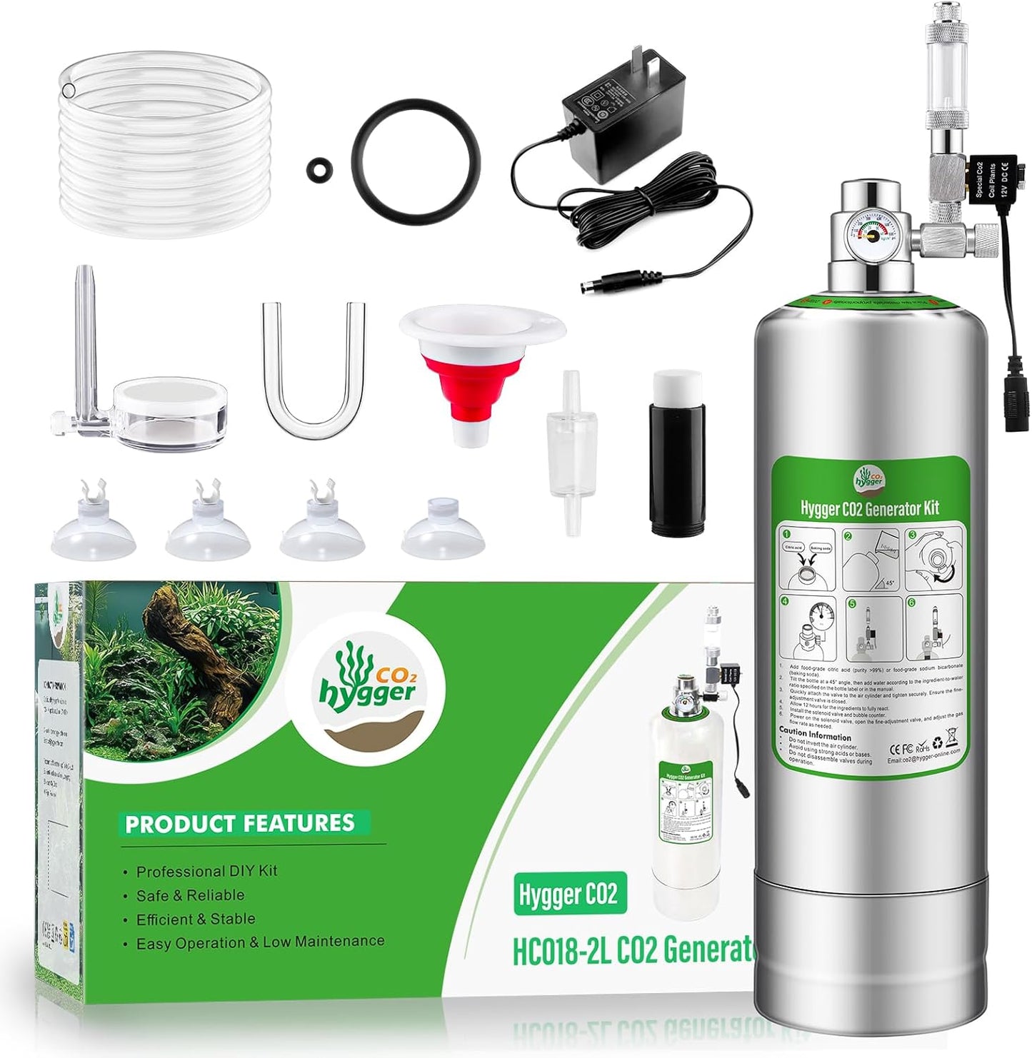 Hygger CO2 aquarium generator system kit showing the full front view of the stainless steel cylinder and pressure regulator.