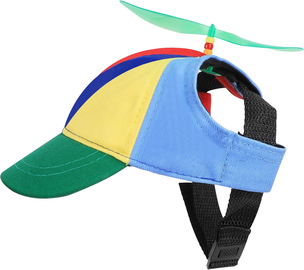 Large dog wearing Niceyst rainbow helicopter hat