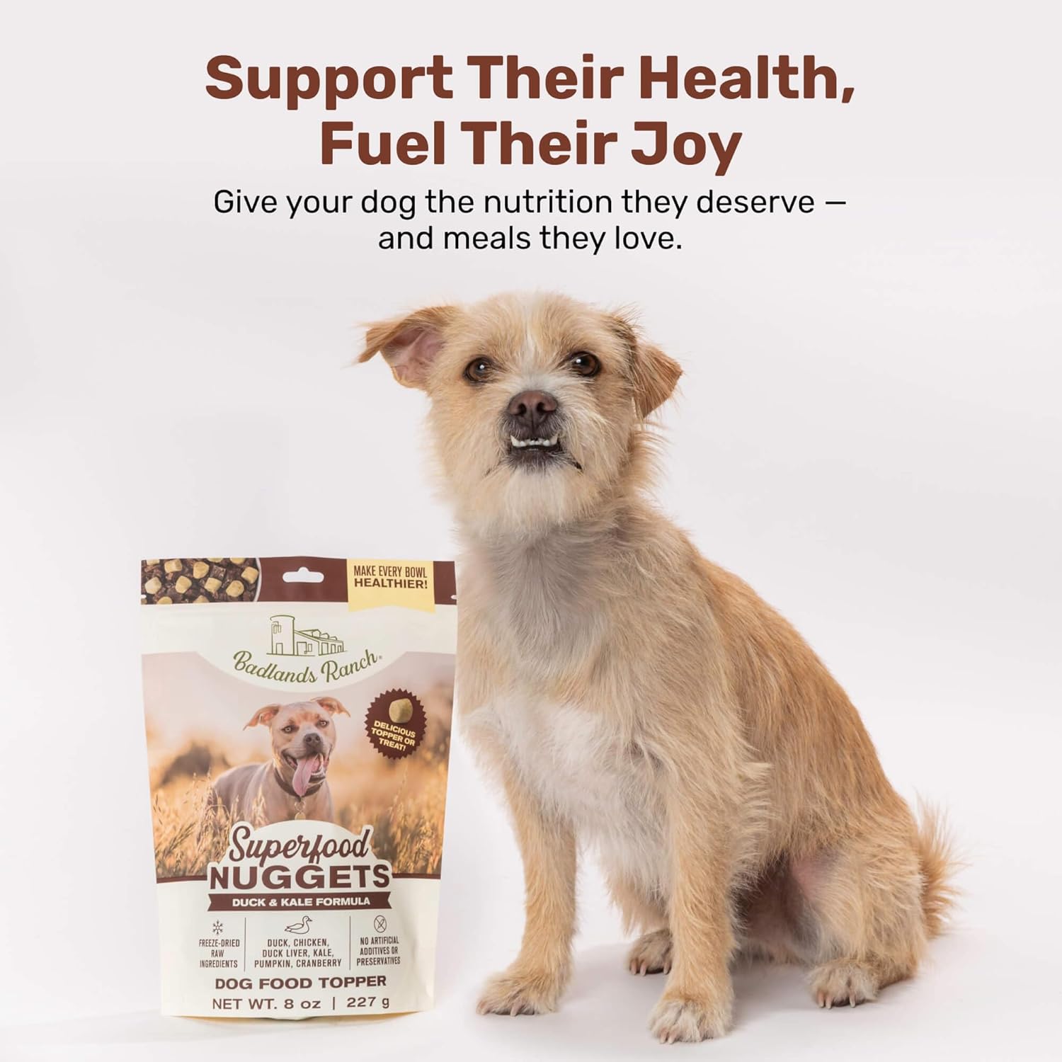 Premium freeze dried duck and kale dog food nuggets displayed out of the bag