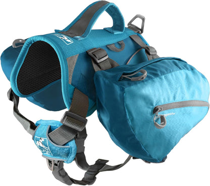 Kurgo Big Baxter Dog Backpack Coastal Blue front view on a hiking trail