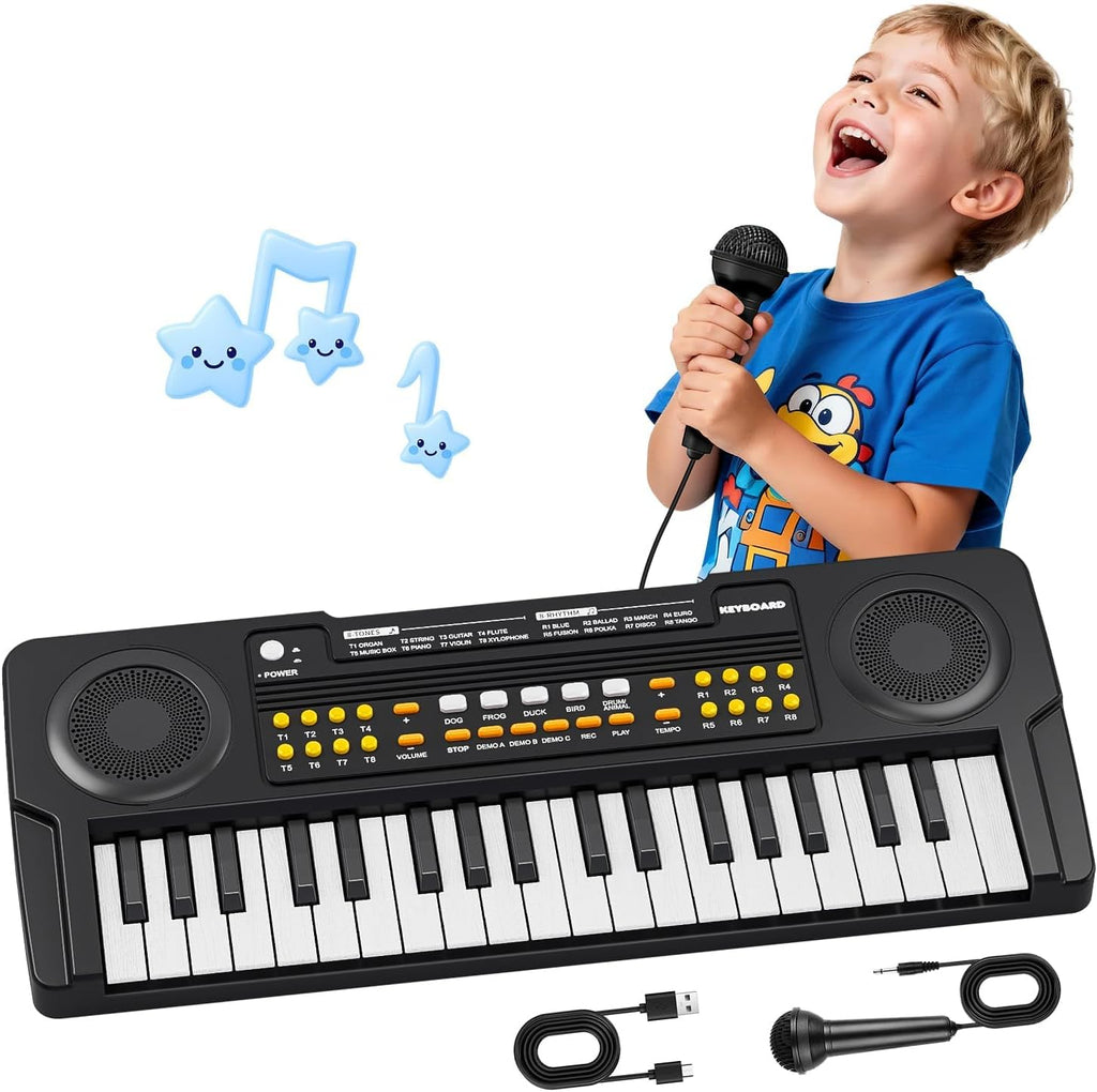 MusicForset Upgraded Kids Piano Keyboard front view showing the 37 keys and control panel layout.