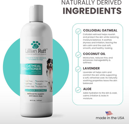 Grooming application of Lillian Ruff professional pet conditioner detangling dog fur