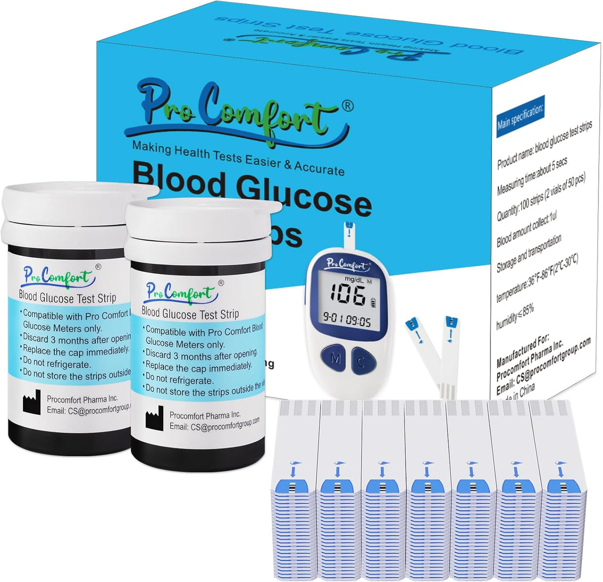 Pro Comfort Blood Glucose Test Strips 100 Count front packaging view showcasing diabetic sugar monitoring supply.