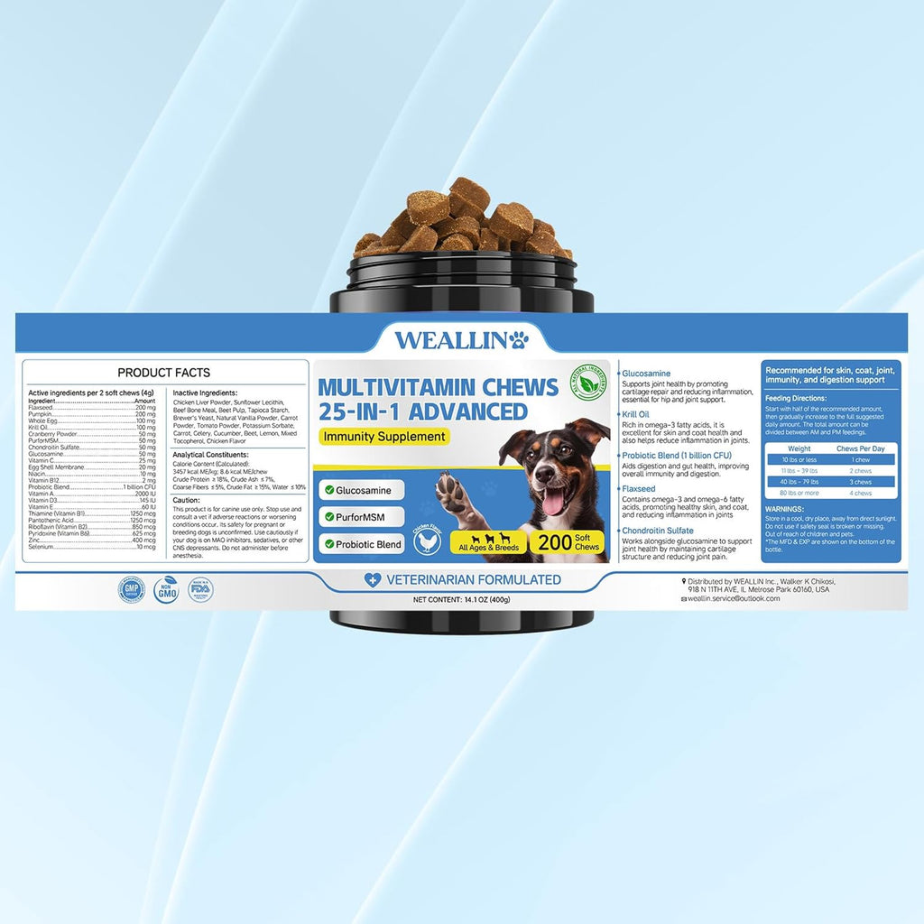 Back label showing ingredients of Weallin dog multivitamin