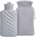 MEETRUE microwaveable silicone hot water bottle front view with premium grey faux fur cover for natural pain relief.
