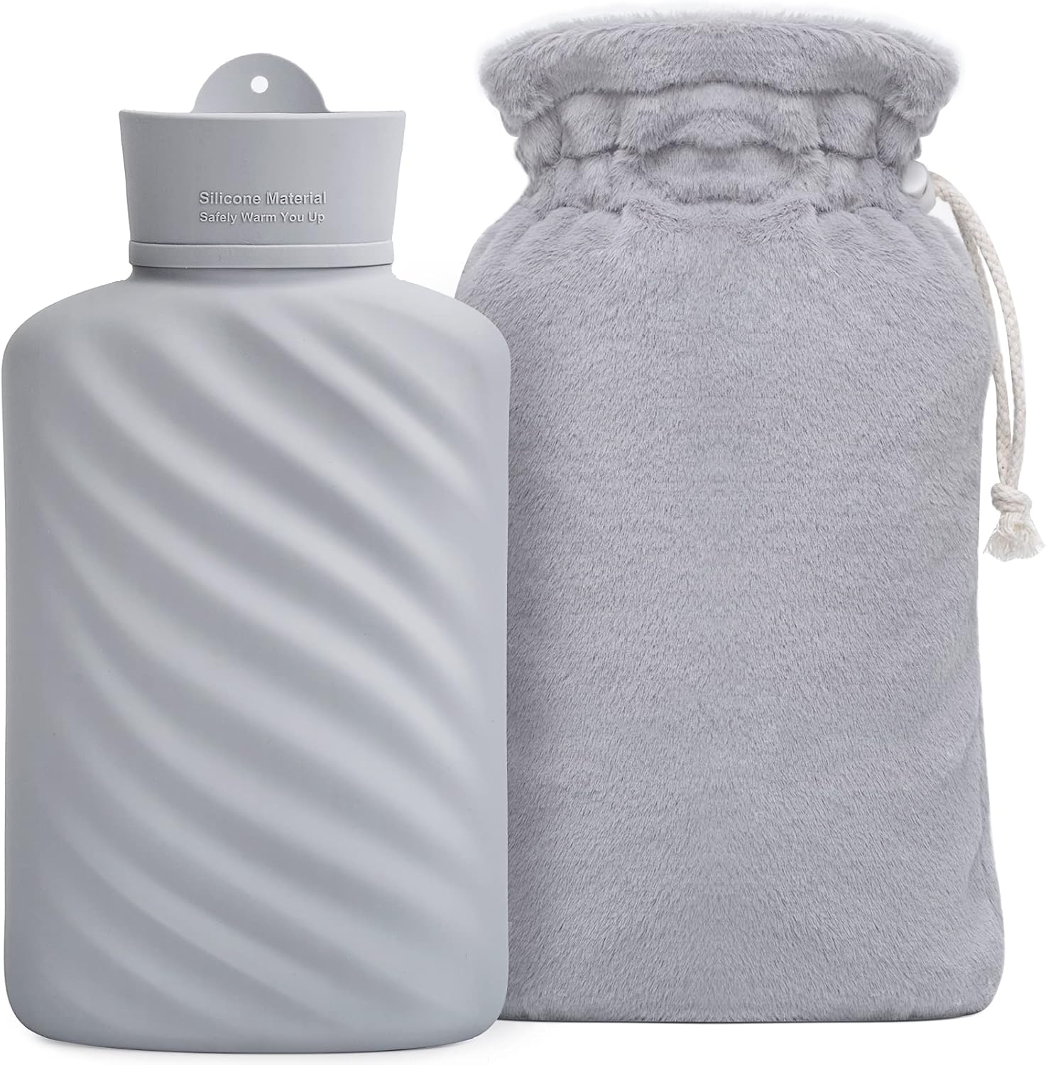 MEETRUE microwaveable silicone hot water bottle front view with premium grey faux fur cover for natural pain relief.