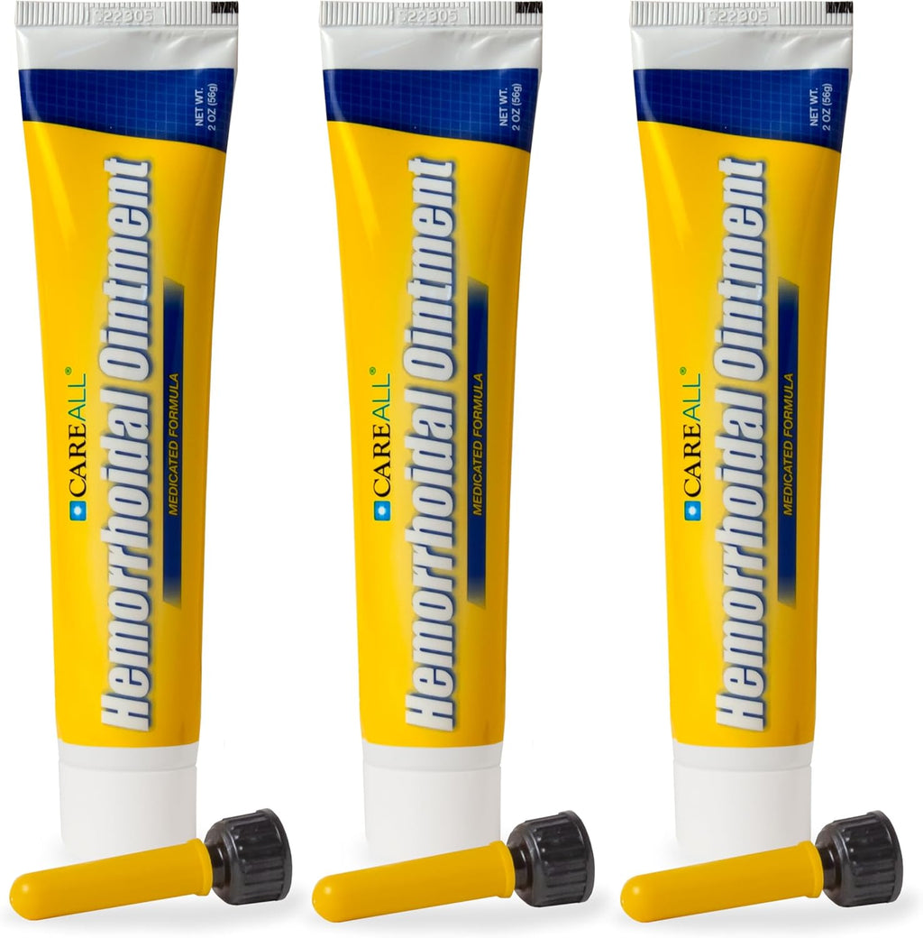 CareAll Hemorrhoidal Ointment three pack front view showing yellow and blue packaging box with applicator