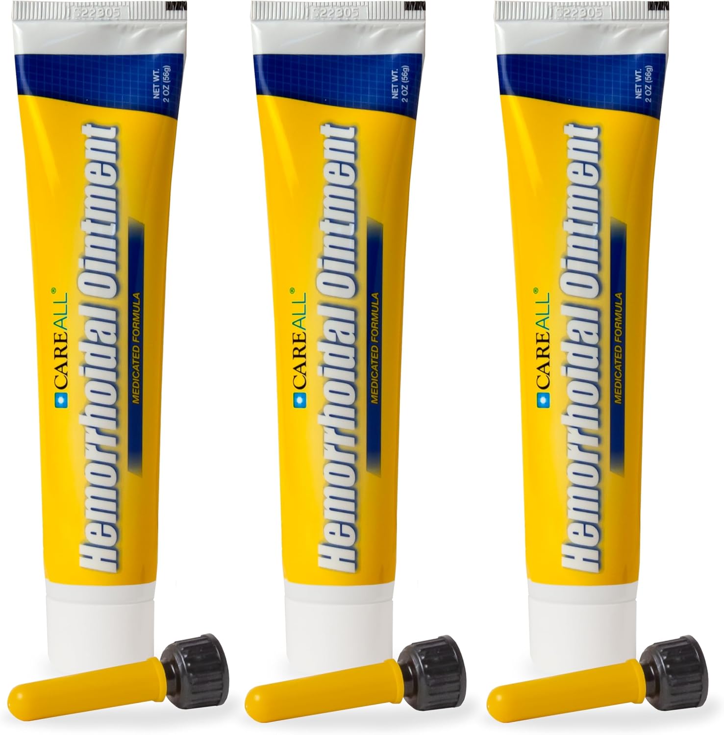 CareAll Hemorrhoidal Ointment three pack front view showing yellow and blue packaging box with applicator