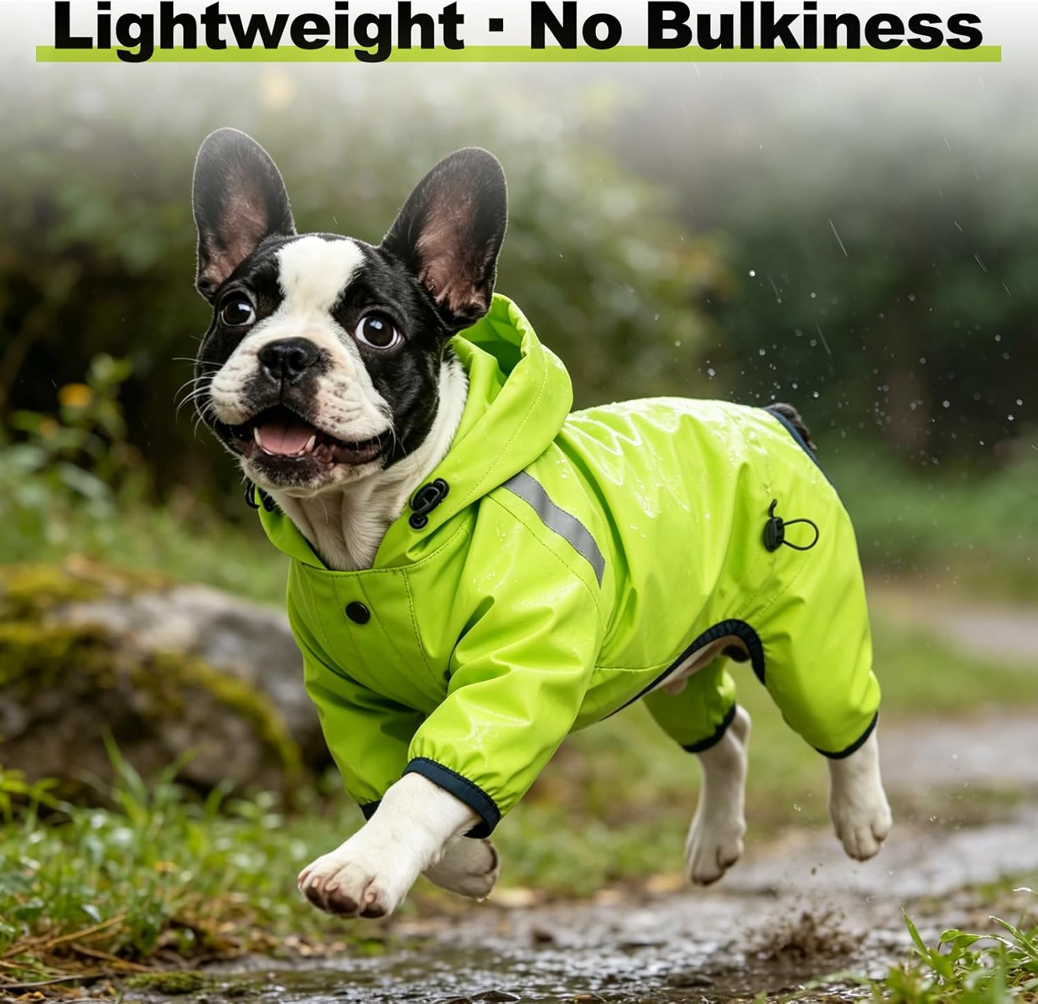 Lime green ultralight urban quick layer dog jacket side view showcasing reflective stripes