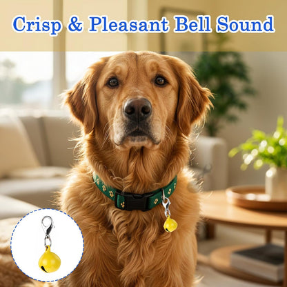 Sorcristy pet collar bells showing the glossy green gold blue and painted red finishes.