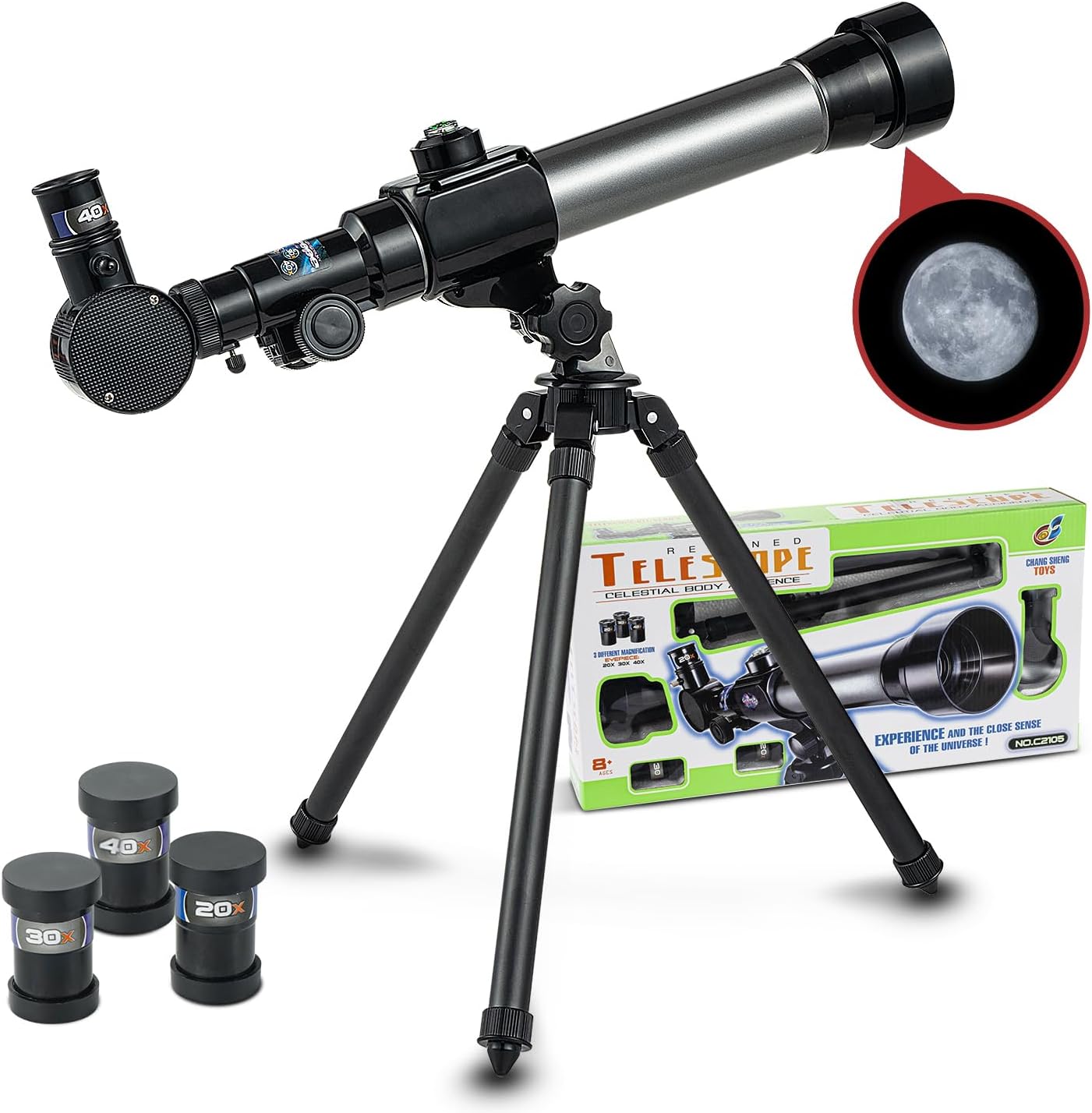 Ideal Swan beginner astronomy telescope for kids showing front view on a tabletop tripod with built-in navigation compass.