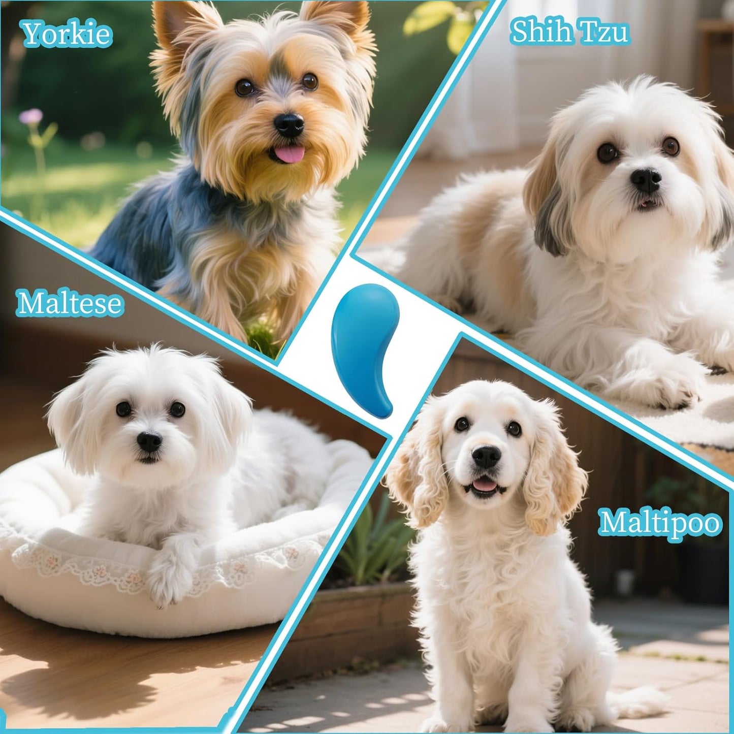 Compact comma silhouette pet hair removal tool for Shih Tzu and Yorkie