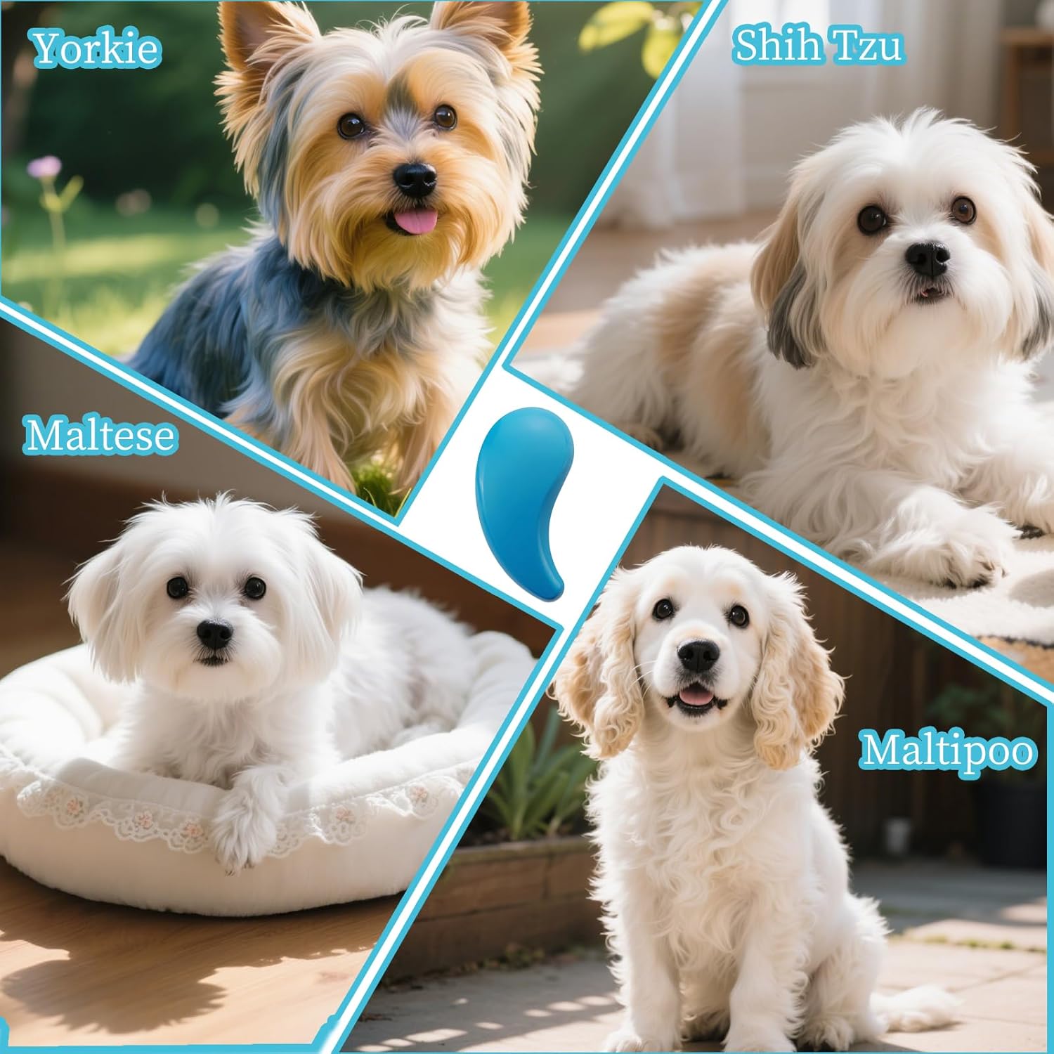 Compact comma silhouette pet hair removal tool for Shih Tzu and Yorkie