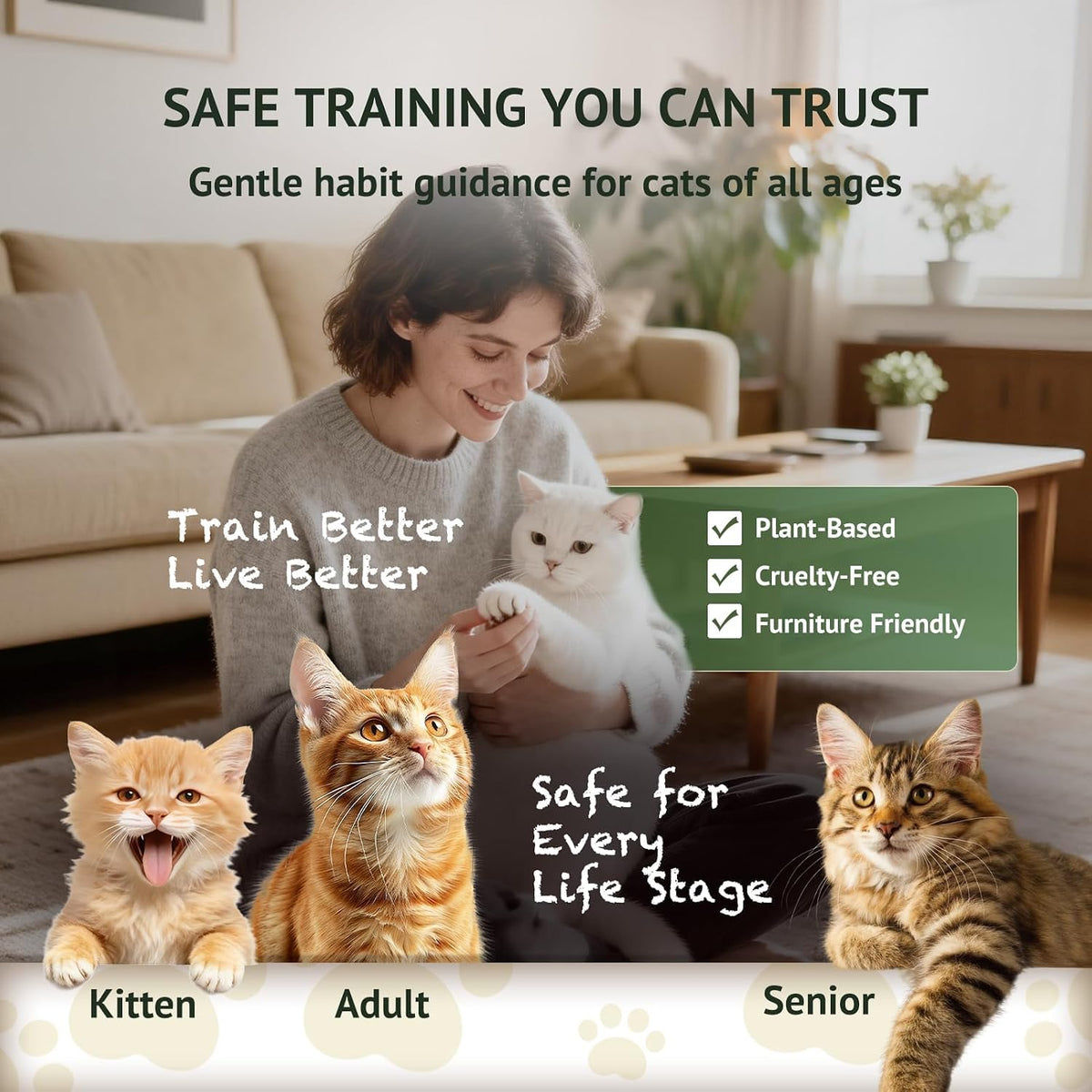 Natural plant-based ingredients highlighted on the cat deterrent bottle.