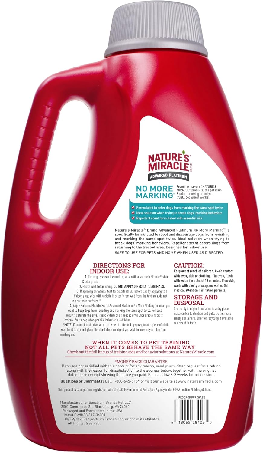 Nature's Miracle indoor dog training aid bottle label showing essential oil ingredients