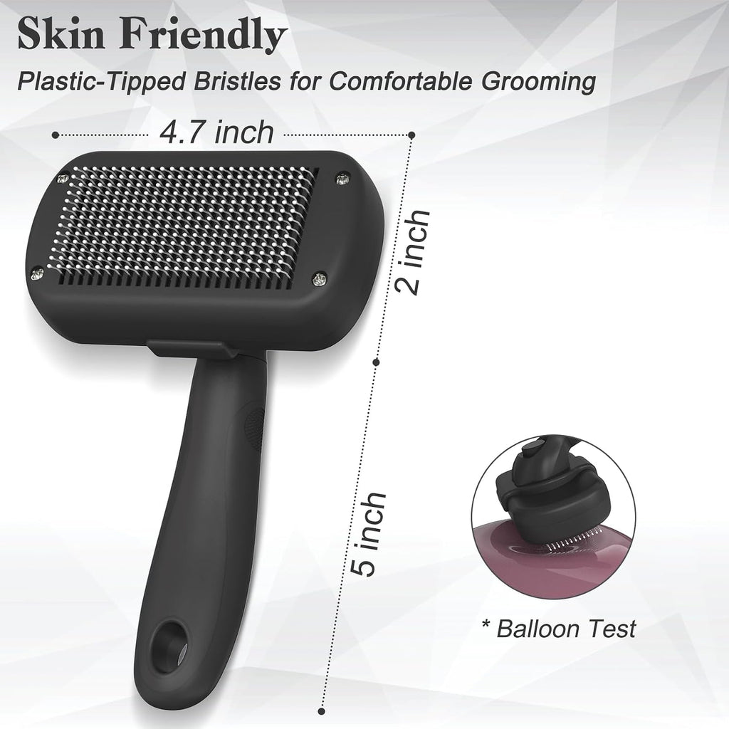 Dipoo black deshedding brush being used on a long haired dog coat for hair removal.