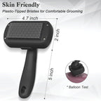 Dipoo black deshedding brush being used on a long haired dog coat for hair removal.