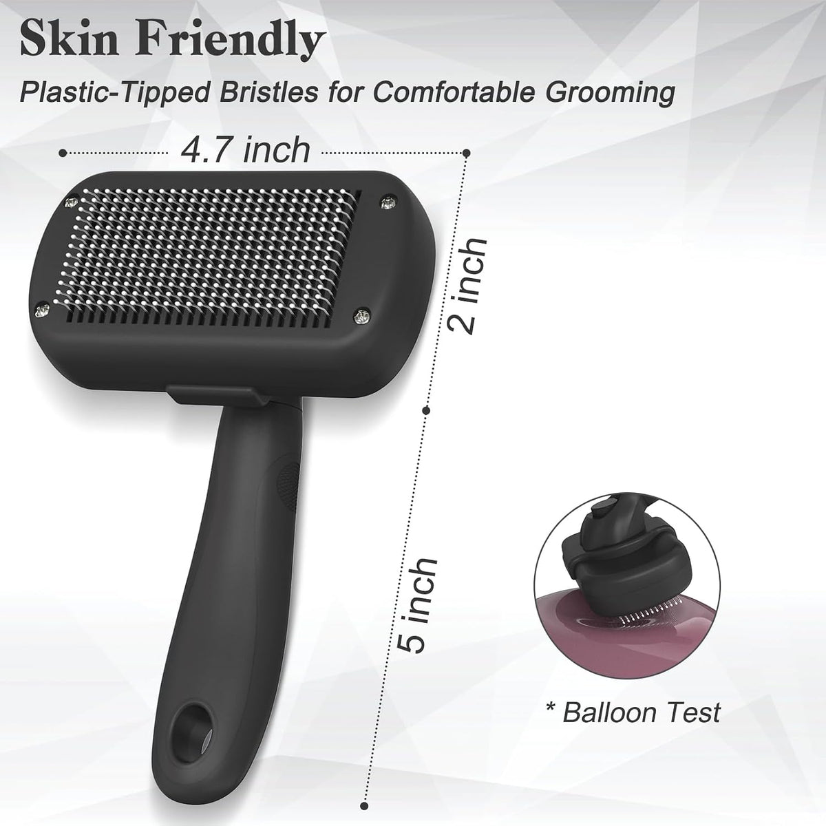 Dipoo black deshedding brush being used on a long haired dog coat for hair removal.