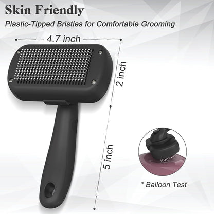 Dipoo black deshedding brush being used on a long haired dog coat for hair removal.