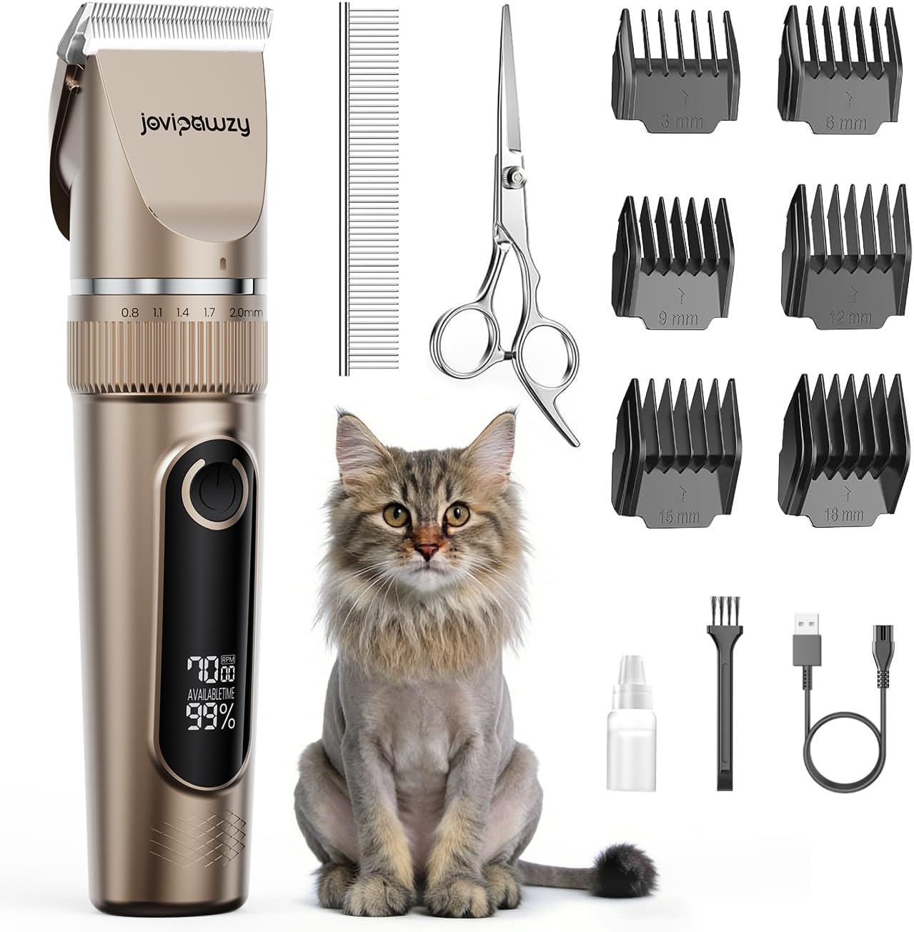Oneisall quiet cat clippers front view showing the elegant gold finish and digital LED battery display.