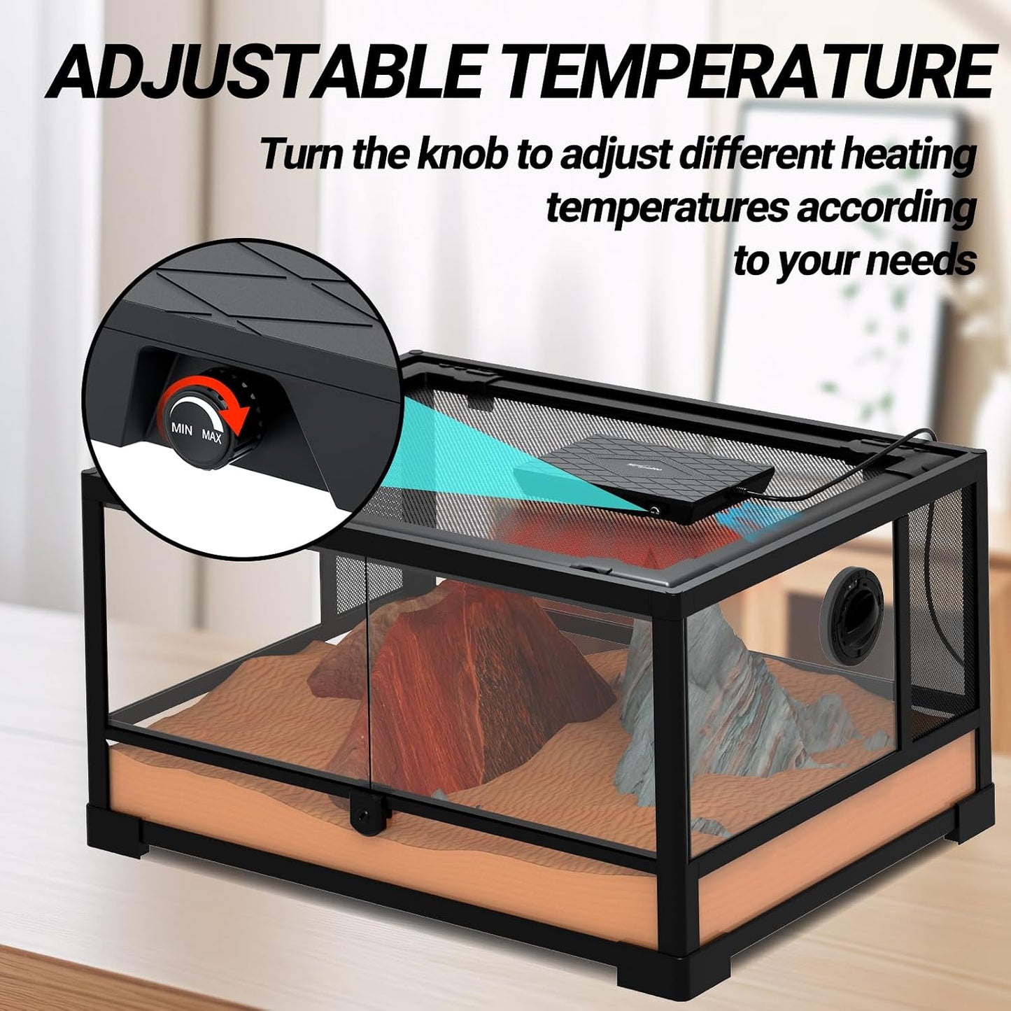 Side profile of the low profile REPTI ZOO habitat heater showing built in fan ventilation