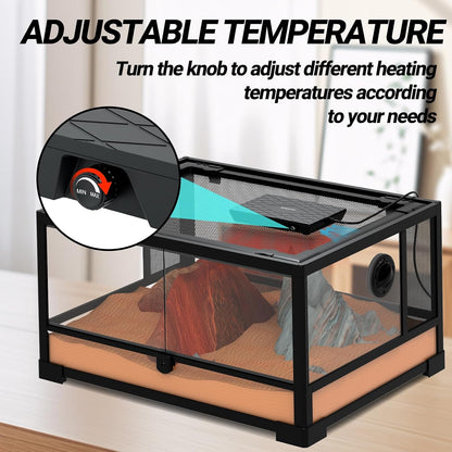 Side profile of the low profile REPTI ZOO habitat heater showing built in fan ventilation