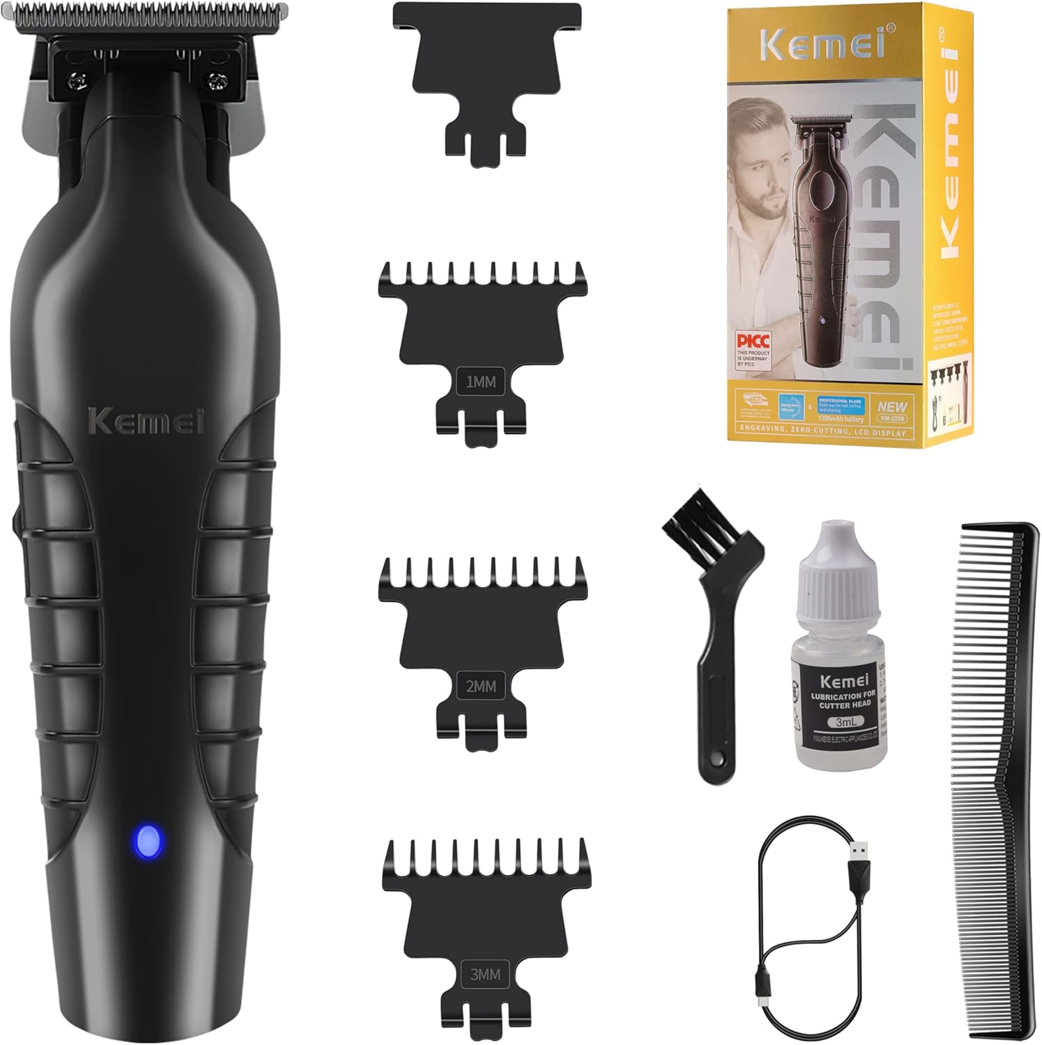 Kemei Original 2299 professional hair trimmer front view showcasing the black texturized ergonomic handle.