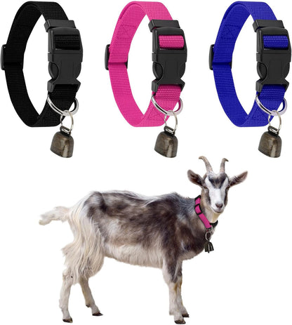 Gindoor adjustable goat collars with bell front view showing three different colored nylon livestock straps