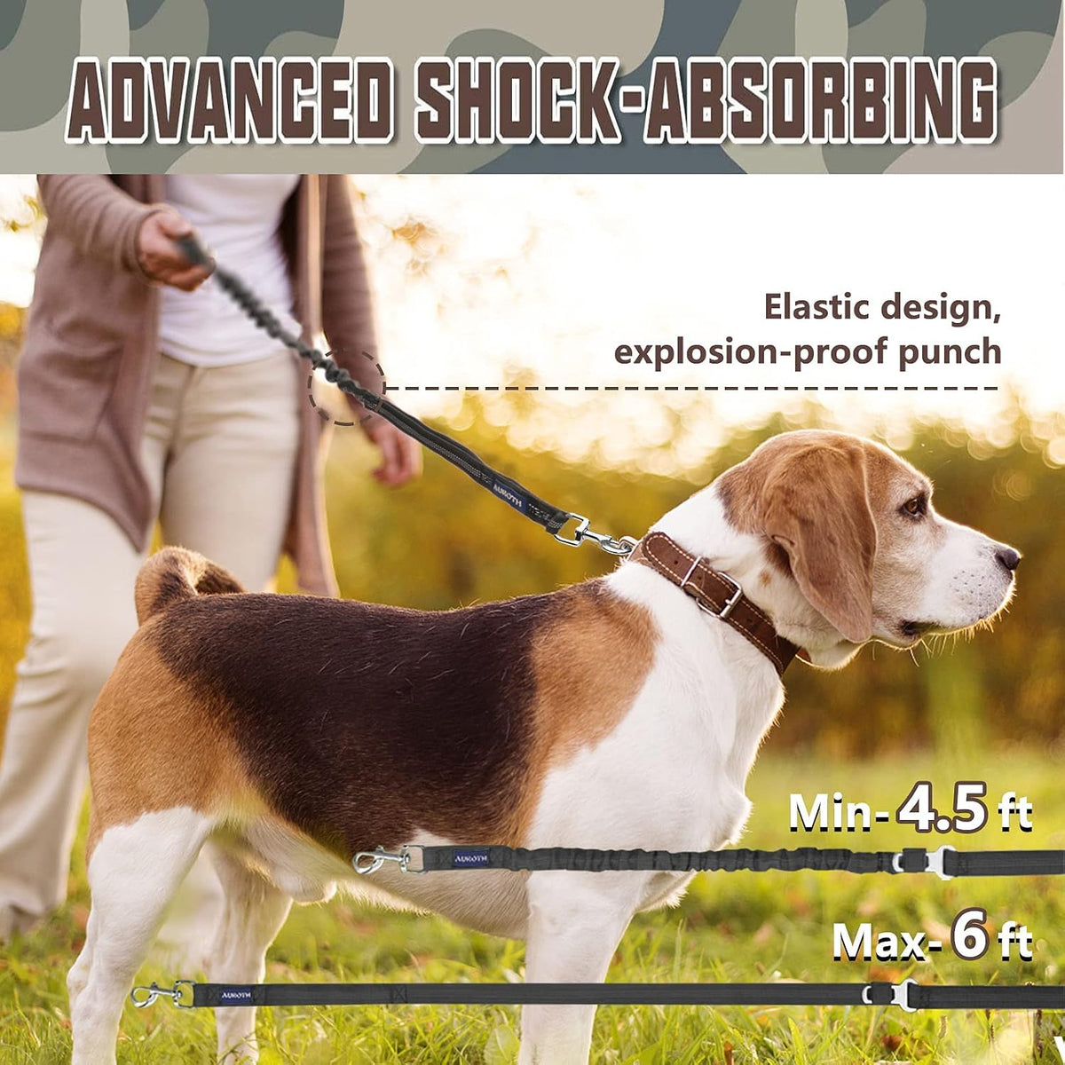 AUROTH six foot training leash showing the integrated car seatbelt buckle attachment