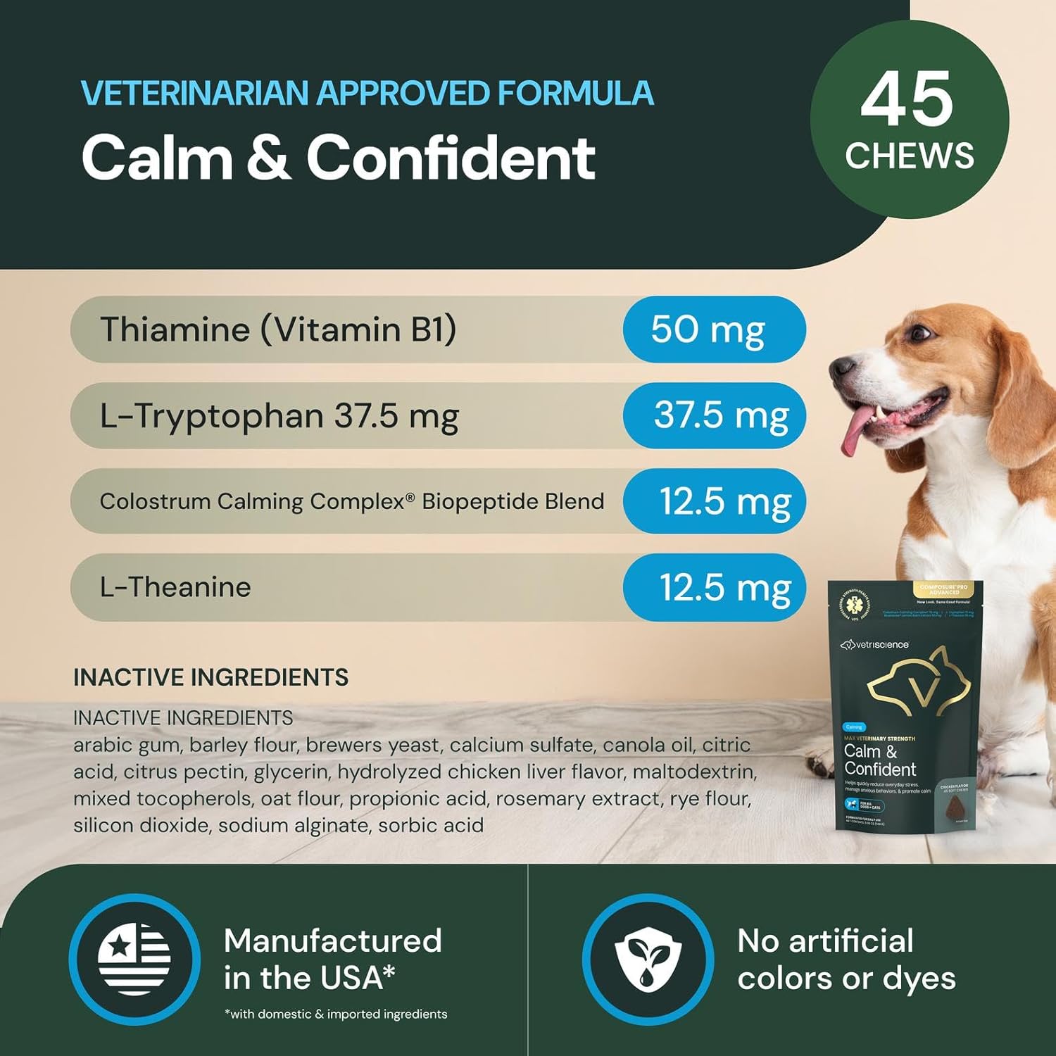 Back label of VetriScience calm and confident formula highlighting active ingredient breakdown