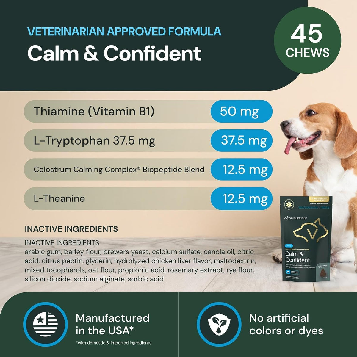 Back label of VetriScience calm and confident formula highlighting active ingredient breakdown