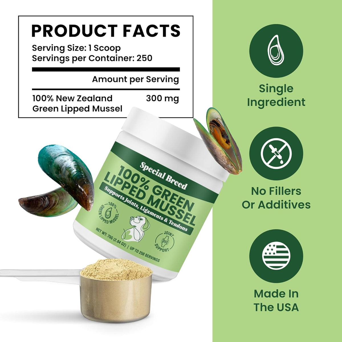 Special Breed green lipped mussel powder nutritional supplement label details