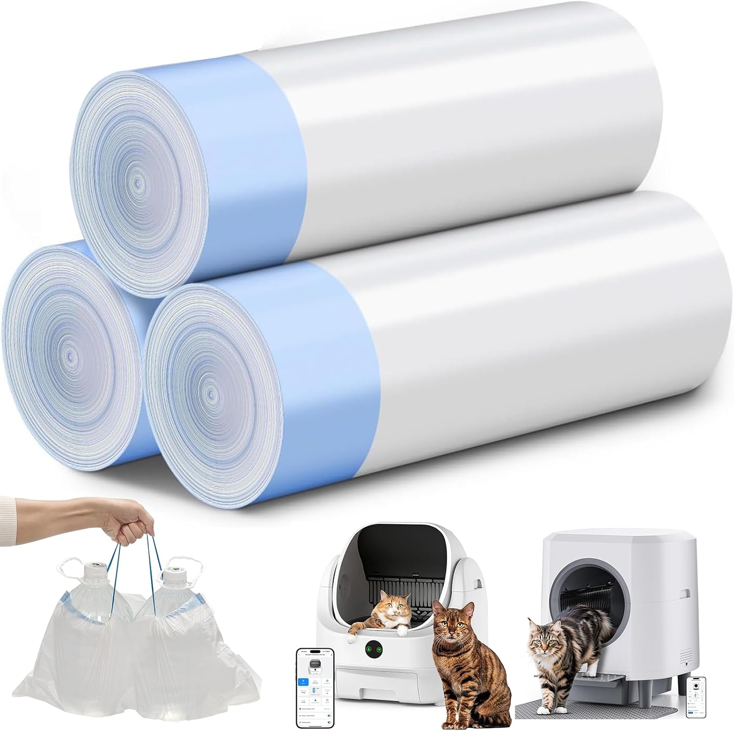 Ellenpent automatic cat litter box replacement trash bags front view of three rolls
