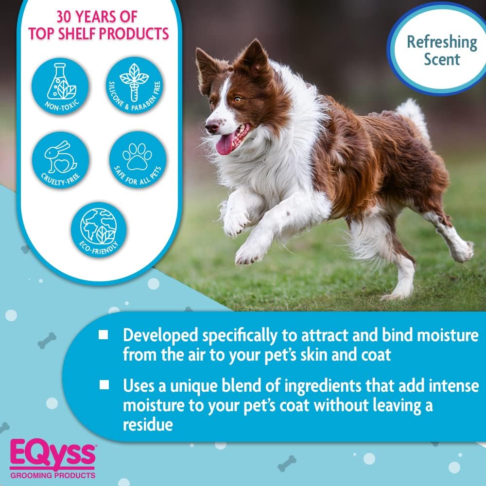 Back label of EQyss pet hydration spray highlighting the silicone free and water based ingredients