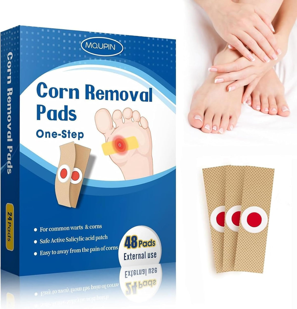 MQUPIN Corn Removal Pads front packaging showing 48 count box.