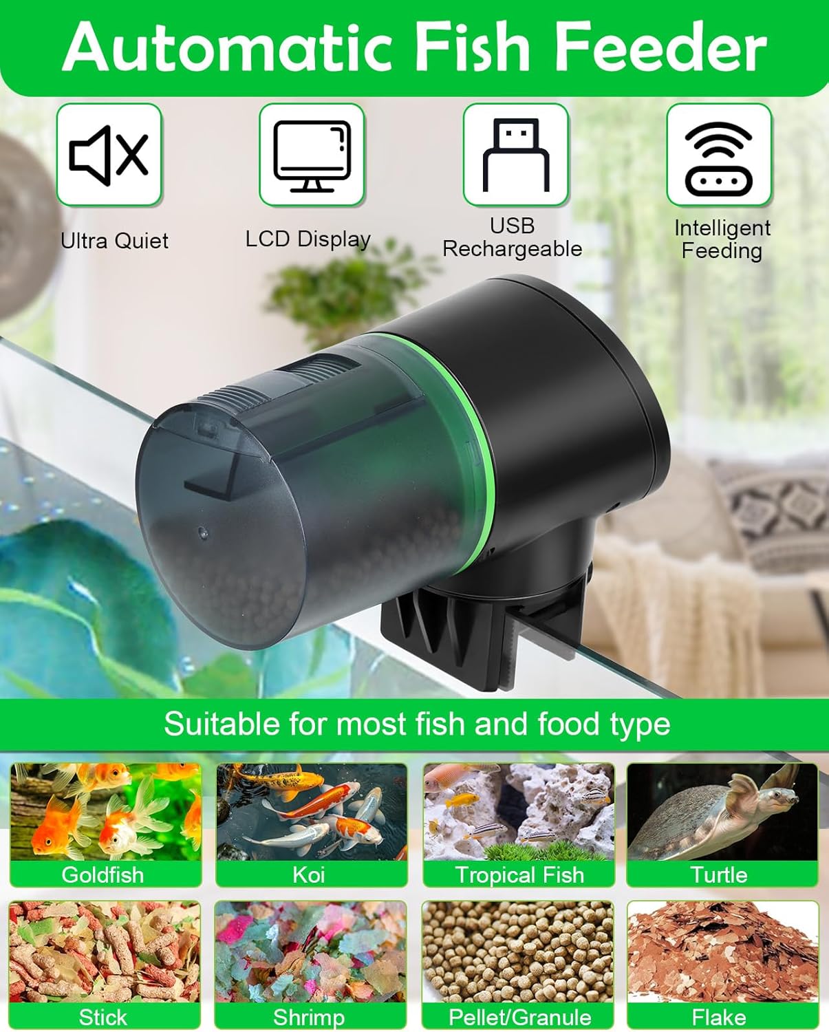 Rechargeable auto fish food dispenser attached to an aquarium rim showing the adjustable clamp mechanism.