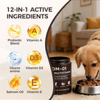Back label of the pet supplement package showing the 12-in-1 active ingredients and nutrition facts.