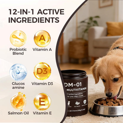 Back label of the pet supplement package showing the 12-in-1 active ingredients and nutrition facts.