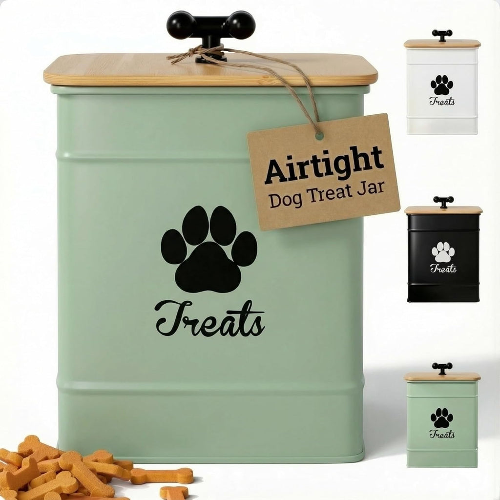 Dog Treat Container Airtight - 6 Inch Wide x 8 Inch Tall Iron Dog Treat Jar for Kitchen Counter with Airtight Bamboo Lid - 12 Cup Capacity Pet Treat Container - Doggie Cookie Jar - Big Treats Canister - Image 11