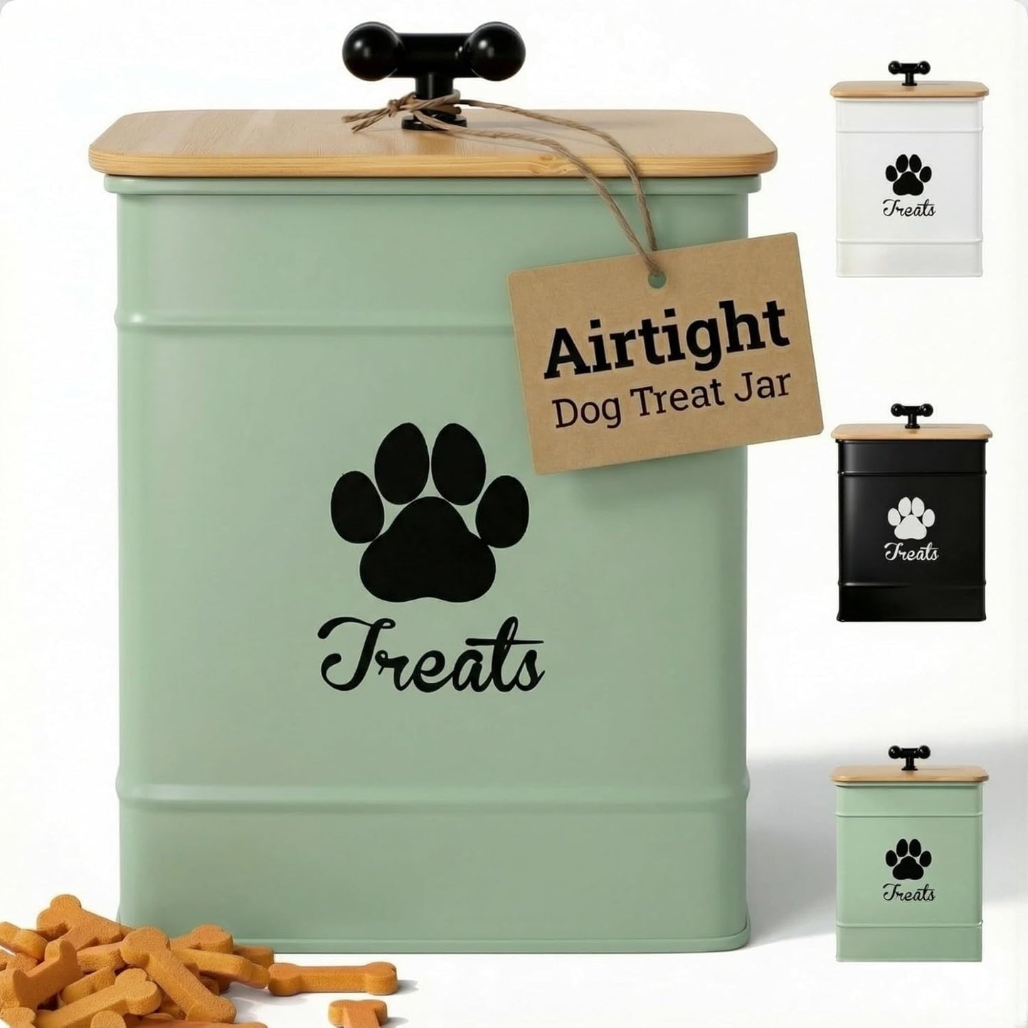 Dog Treat Container Airtight - 6 Inch Wide x 8 Inch Tall Iron Dog Treat Jar for Kitchen Counter with Airtight Bamboo Lid - 12 Cup Capacity Pet Treat Container - Doggie Cookie Jar - Big Treats Canister - Image 11