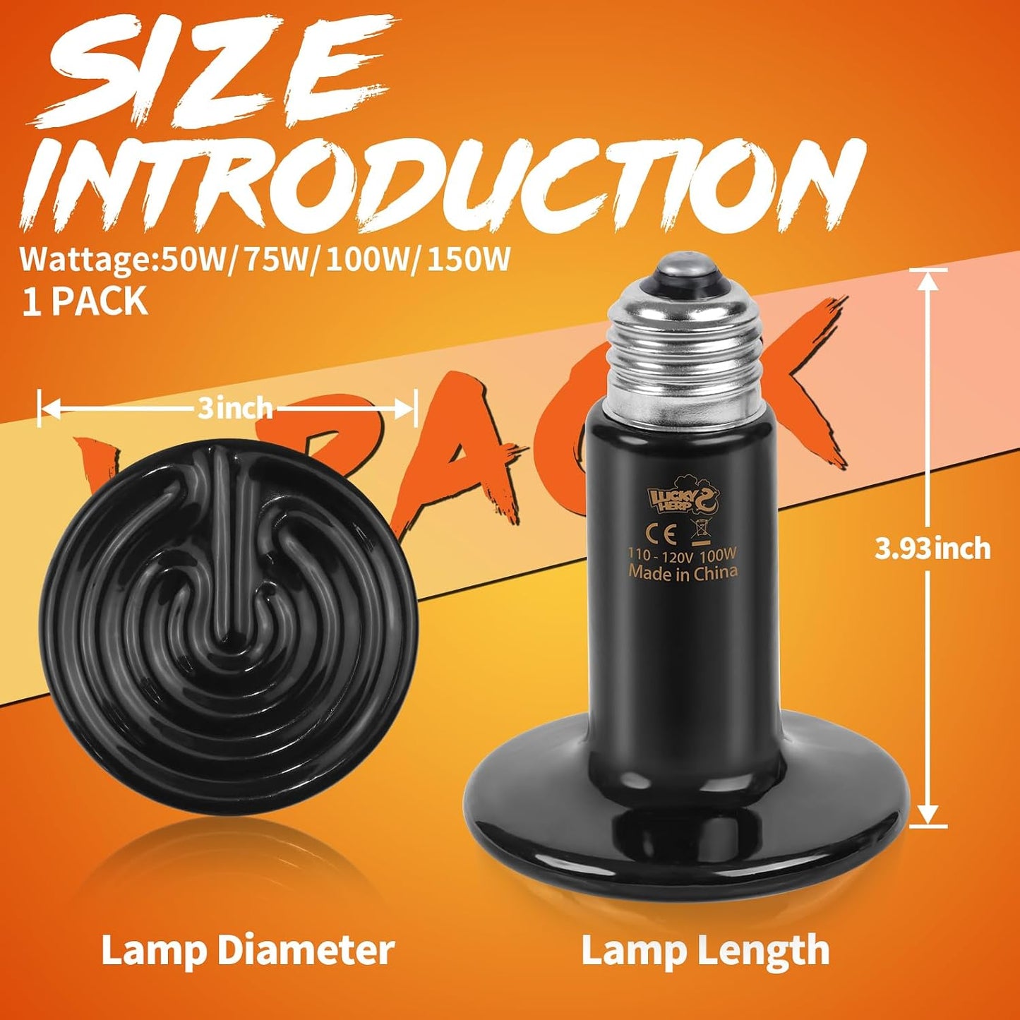 Lucky Herp 100 Watt non light ceramic heat bulb showing standard E26 screw base
