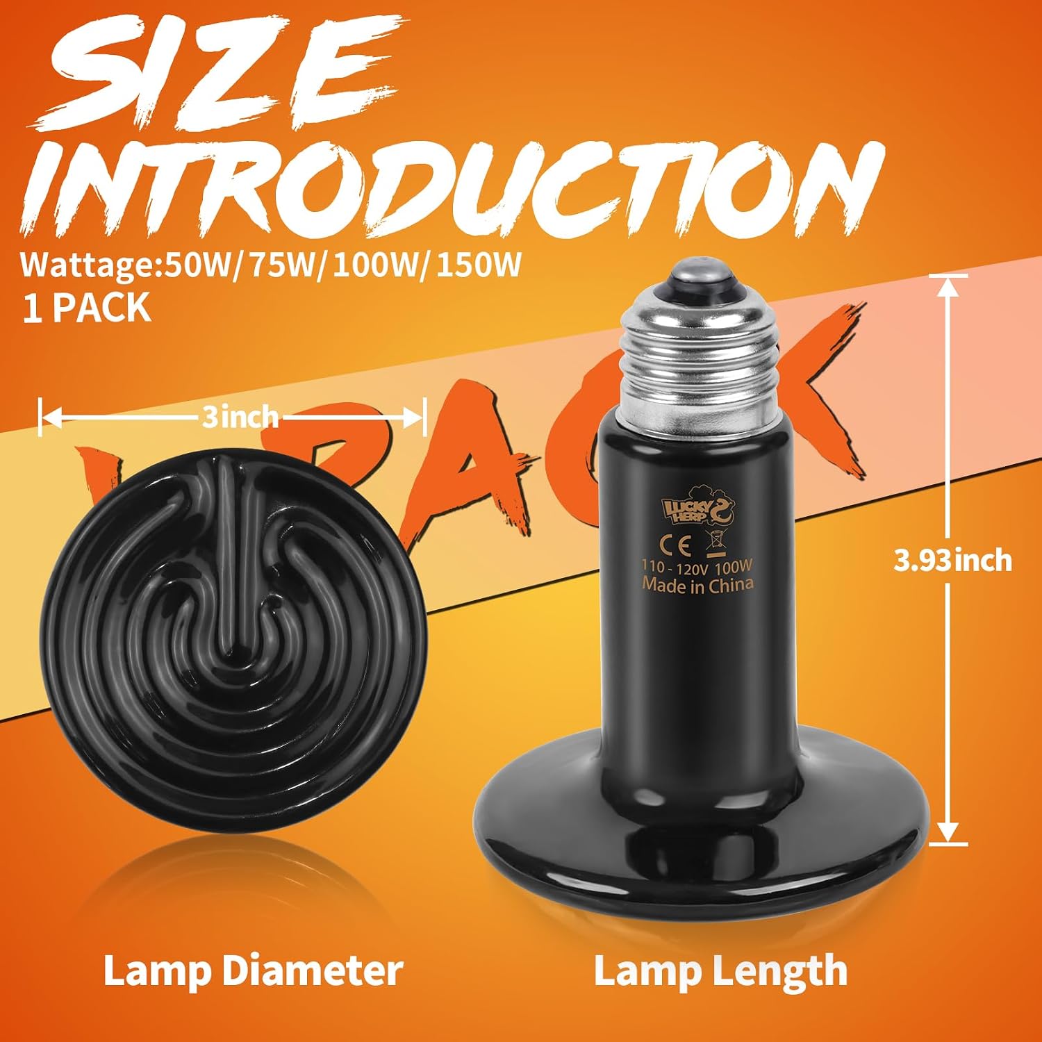 Lucky Herp 100 Watt non light ceramic heat bulb showing standard E26 screw base