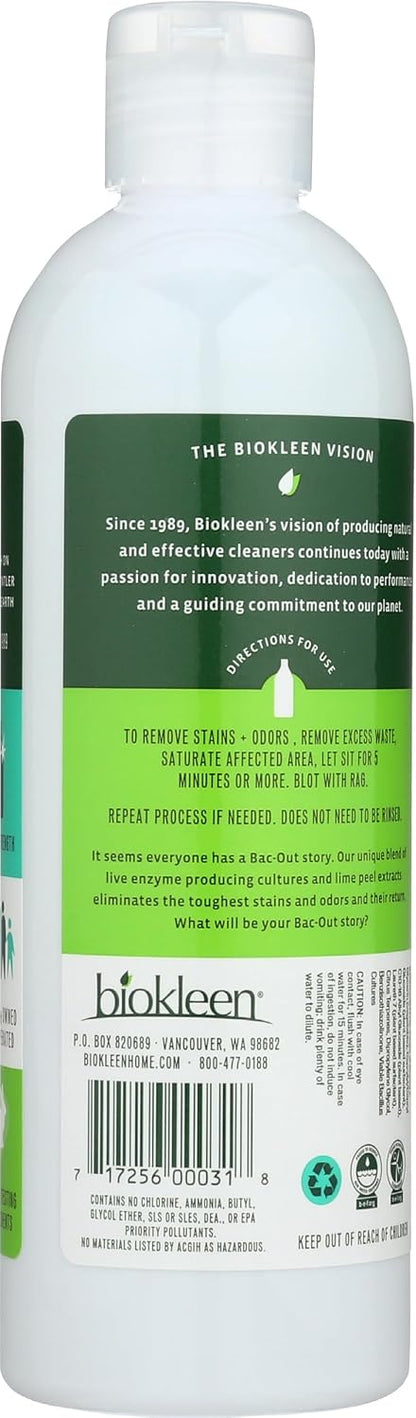 Biokleen Bac-Out non-toxic live enzyme cleaner targeting pet stains and laundry odors on a neutral background.