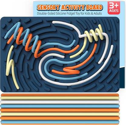 Ednzion silicone sensory activity board front view showcasing colorful strings threaded through channels.