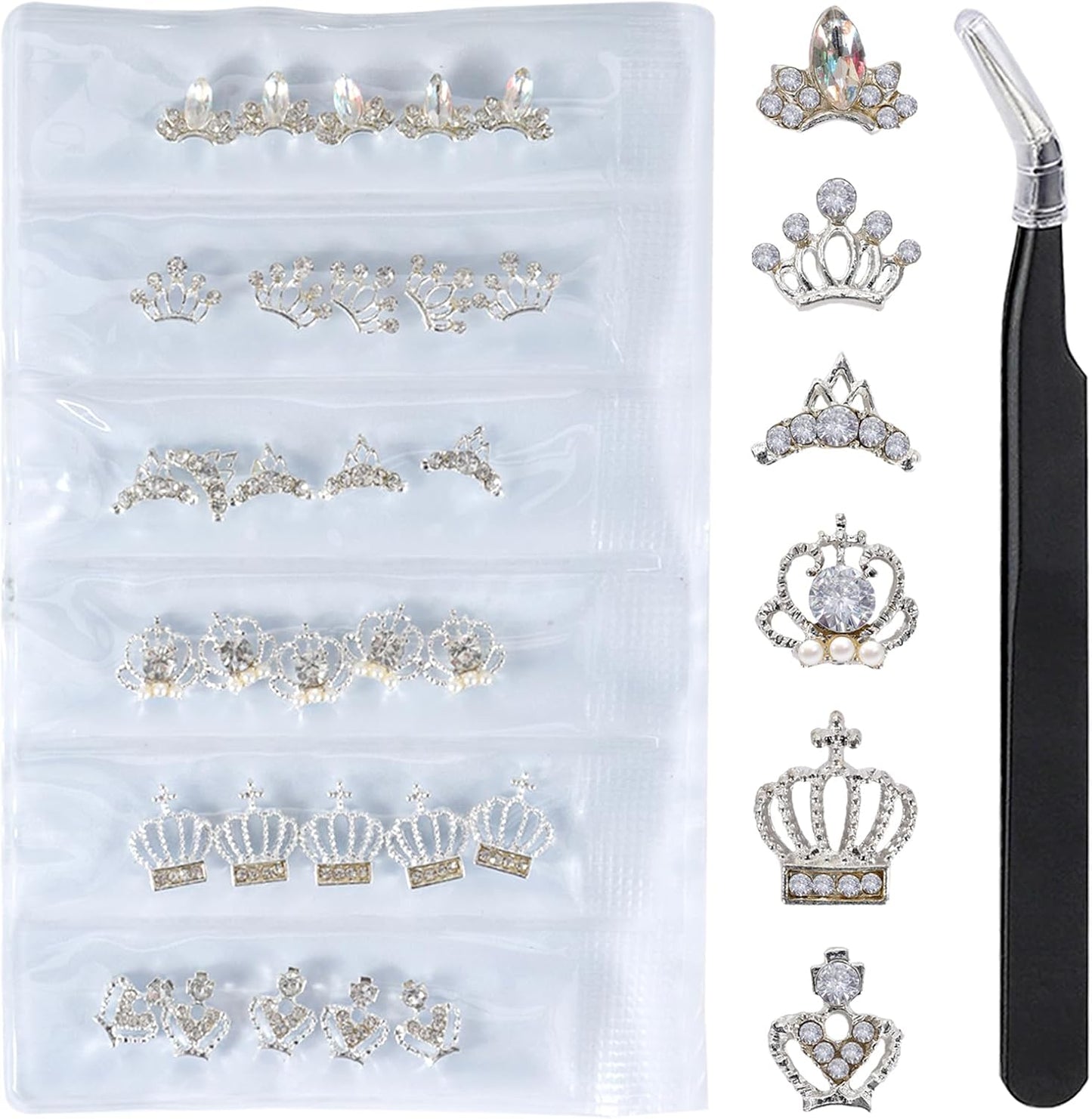 WOKOTO 3D alloy crown nail charms set showcasing thirty silver crown studs and precision tweezers.