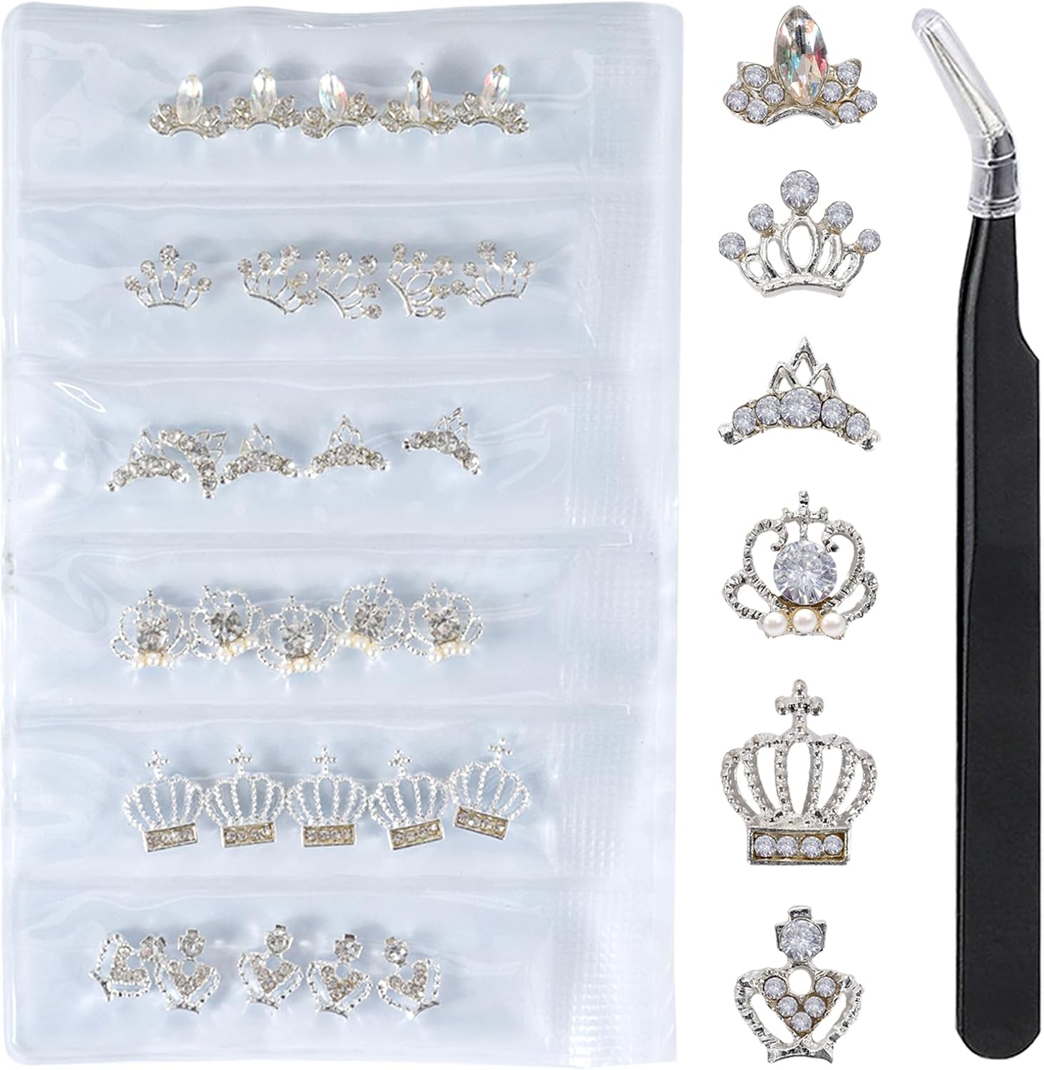 WOKOTO 3D alloy crown nail charms set showcasing thirty silver crown studs and precision tweezers.