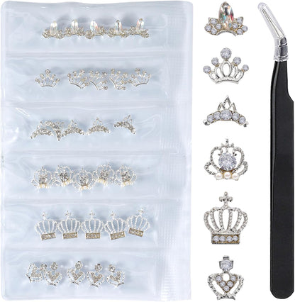 WOKOTO 3D alloy crown nail charms set showcasing thirty silver crown studs and precision tweezers.
