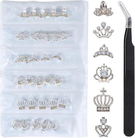 WOKOTO 3D alloy crown nail charms set showcasing thirty silver crown studs and precision tweezers.