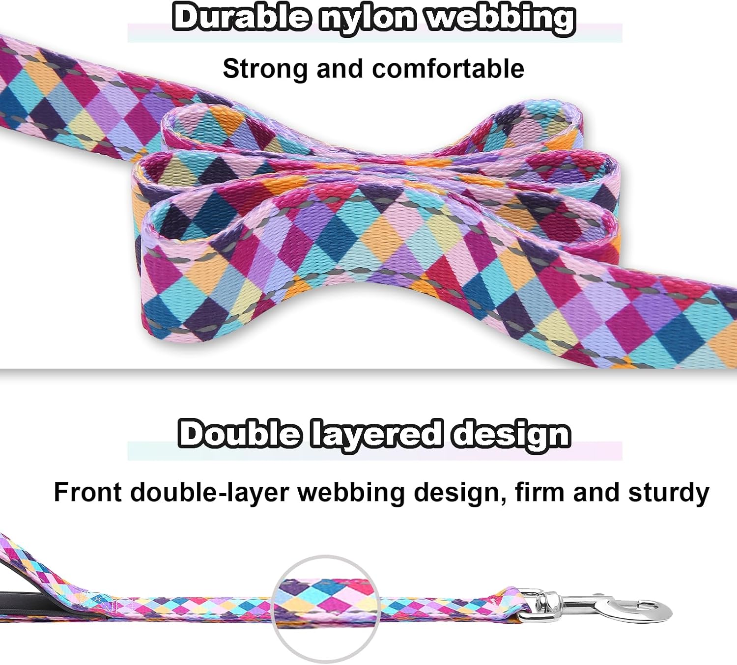 Close up of reflective stitching on the colorful geometric pet leash.