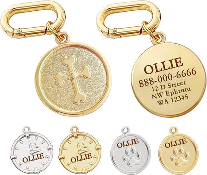 GKRB luxury gold plated round pet charm being attached to a heavy duty harness.